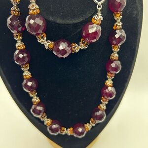 Vintage Cherry Glass Necklace & Bracelet Set - Faceted Beads with Silver toned